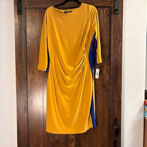 Kasper Womens Plus Knit Colorblock Gold and Blue Sheath Dress NWT